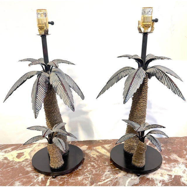 Late 20th Century Pair of British Colonial Style Tole and Rope Double Palm Tree Lamps For Sale - Image 9 of 12