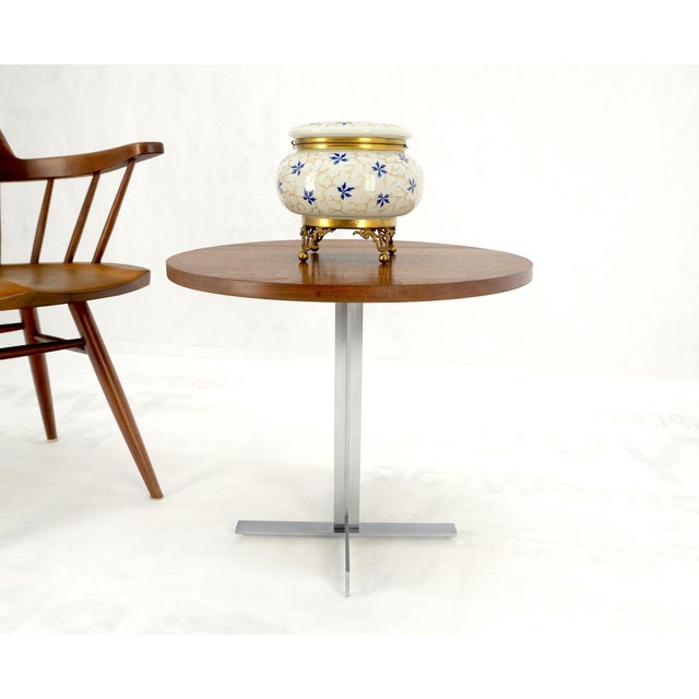 Solid Walnut Round Top Brushed Machined Stainless Steel Base Side End Table Stan For Sale - Image 11 of 11