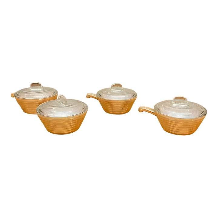 Set of 4 Vintage Fire-King Peach Luster Oven-Safe Bowls With Lids