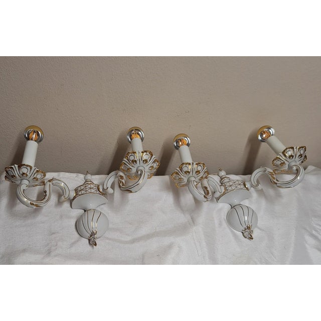Vintage Wall Lamps in White Glazed Porcelain with Gold Decoration, 1970s, Set of 2 For Sale - Image 4 of 7