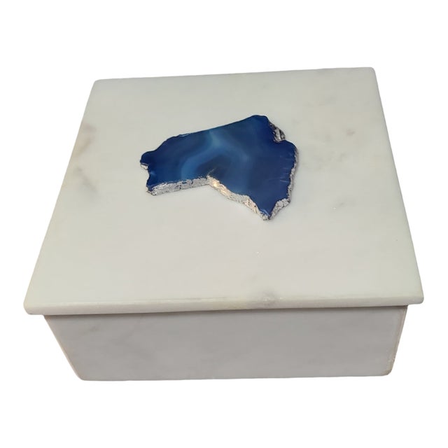 Late 20th Century Vintage White Marble Trinket Jewelry Box Blue Agate Stone Top For Sale
