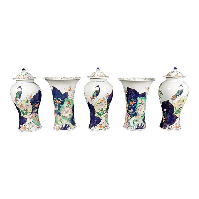 Vintage Tobacco Leaf Porcelain Garniture of Five Vases For Sale