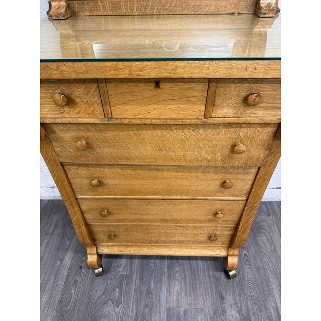 Antique American Empire Revival Oak Highboy Dresser Chest of Drawers With Mirror For Sale - Image 9 of 18