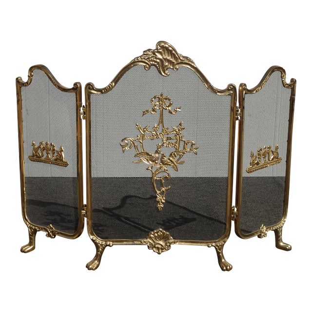 Vintage French Provincial Ribbons Love Birds Gold Brass Fireplace Screen #2 For Sale