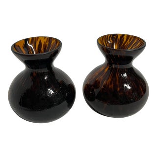 Set of 2 Tortoise Glass Bud Vases, Late 20th Century For Sale