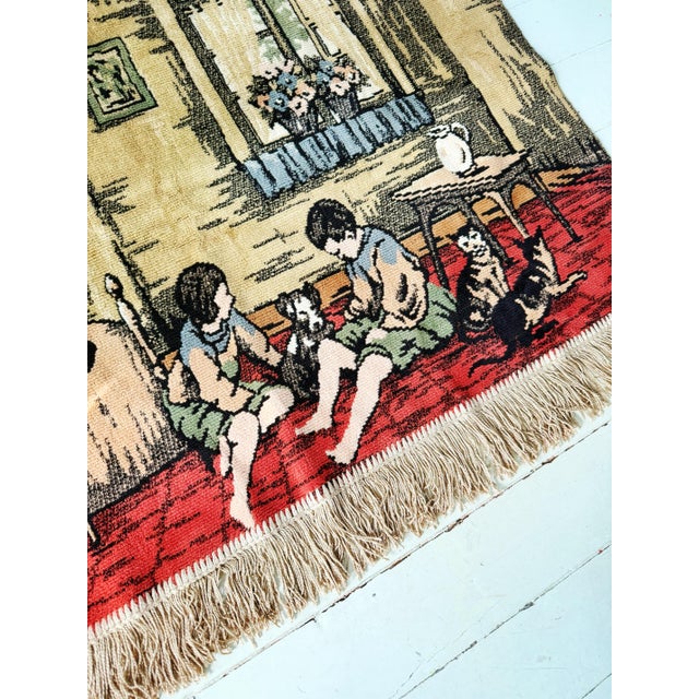 Farmhouse Large Vintage Belgian Jacquard Woven Wall Tapestry, Family Cottage Scene, 70" For Sale - Image 3 of 12