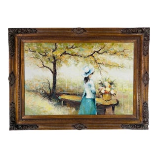 1960s Vintage Harrison E. Clark Impressionist Woman in Garden Oil on Canvas Painting, Framed For Sale