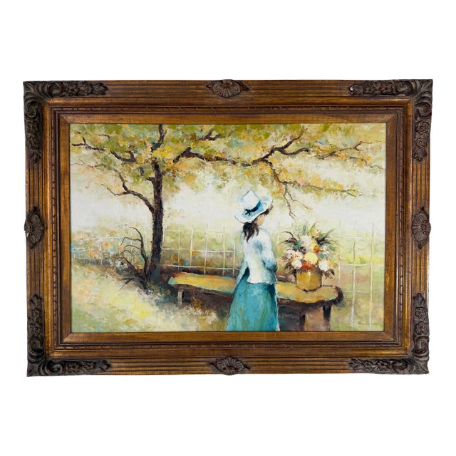 1960s Vintage Harrison E. Clark Impressionist Woman in Garden Oil on Canvas Painting, Framed For Sale