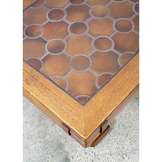 Mid Century Modern Coffee Table Oak Tile Large Brutalist Rolling Rustic For Sale - Image 11 of 11