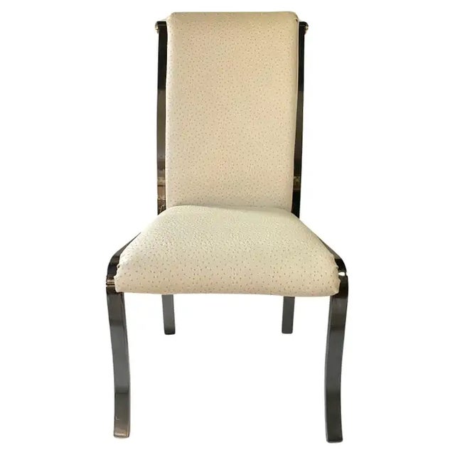 Set of six heavy metal framed dining chairs by DIA, Design Institute of America. Smoked chrome flat bar curved back frames...