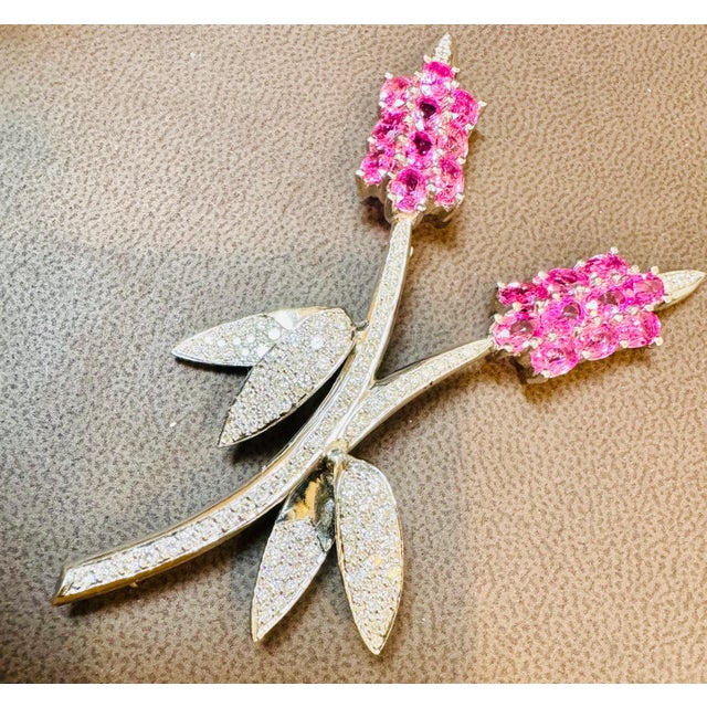 Metal Vintage 18 Kt White Gold Diamond & 13 Ct Pink Sapp Floral Bouquet Broach 23.2 GM For Sale - Image 7 of 18
