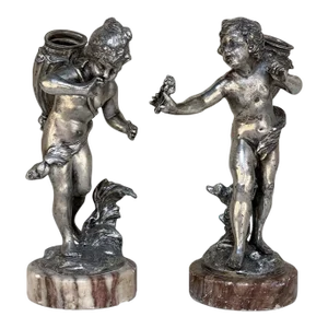 Pair Antique Nickel-Plated Spelter Cherub Statues on Marble Bases