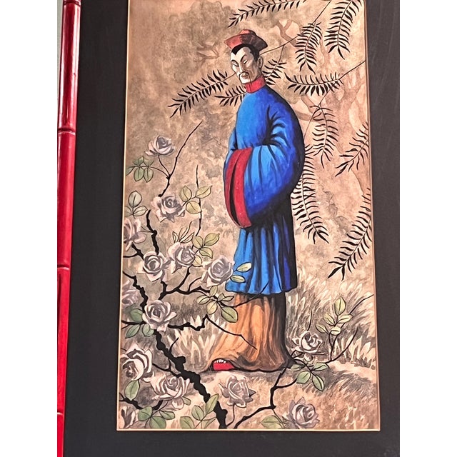 Vintage Mid Century Chinoiserie Pair Framed Prints D. Voaguest Red Faux Bamboo 24" For Sale - Image 10 of 12