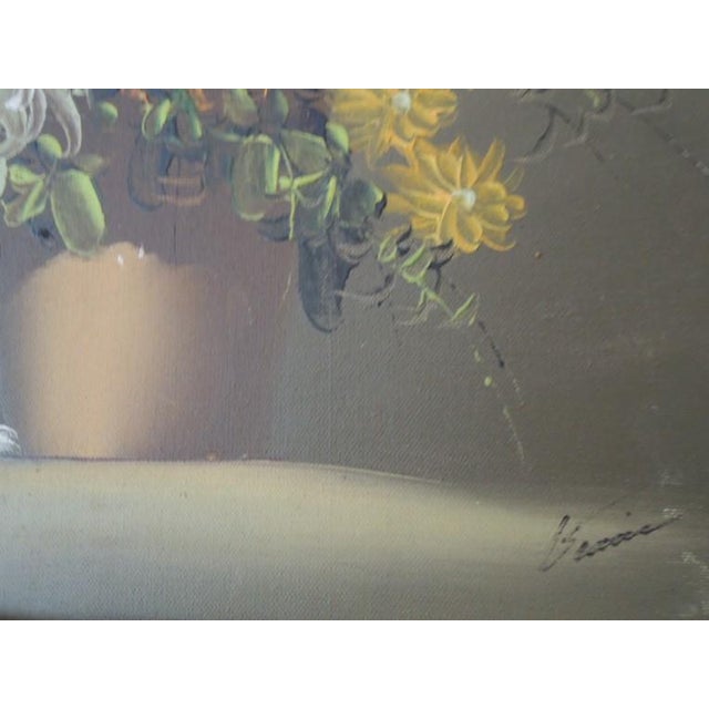 Gold 1960s Oil Painting by Baccie 24 X 28 "California School of Painters" Floral Still Life Scene For Sale - Image 8 of 10