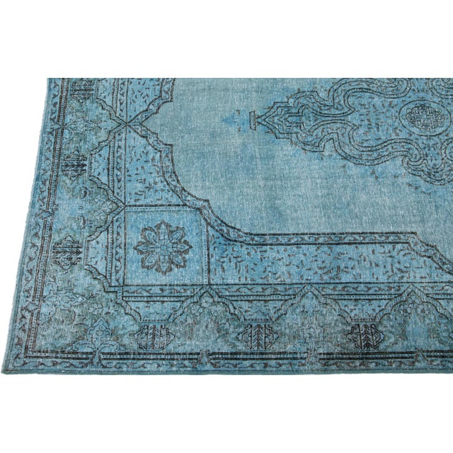 Vintage Persian Overdyed Handmade Medallion Blue Wool Rug For Sale - Image 4 of 11