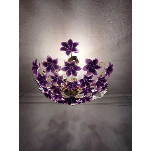 Vintage 1970s Murano Purple Glass Semi-Flush Mount Calla Lily Hand Painted Chandelier For Sale - Image 4 of 12