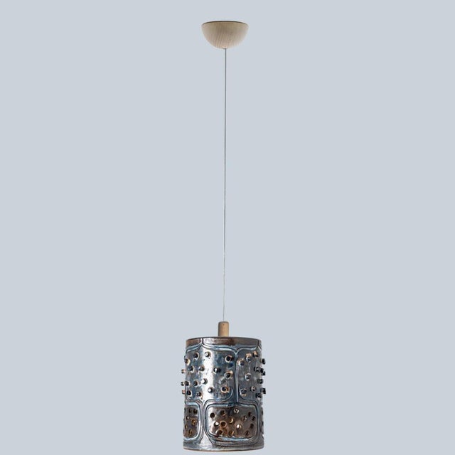 Danish Cylinder Brown Blue Ceramic Pendant Light, 1970 For Sale - Image 3 of 15
