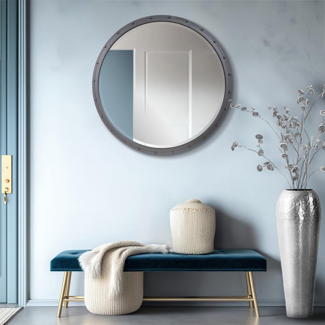 Metal Fordham Round Industrial Mirror For Sale - Image 7 of 9