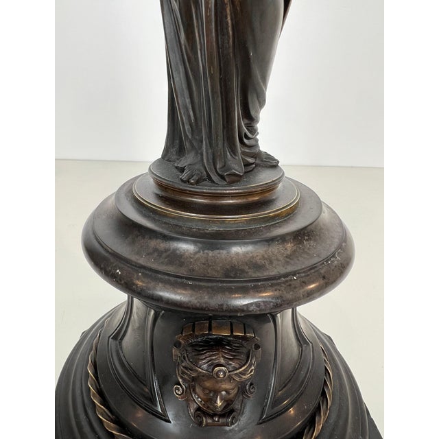 Black Pair of large patinated bronze candelabras representing caryatids For Sale - Image 8 of 12