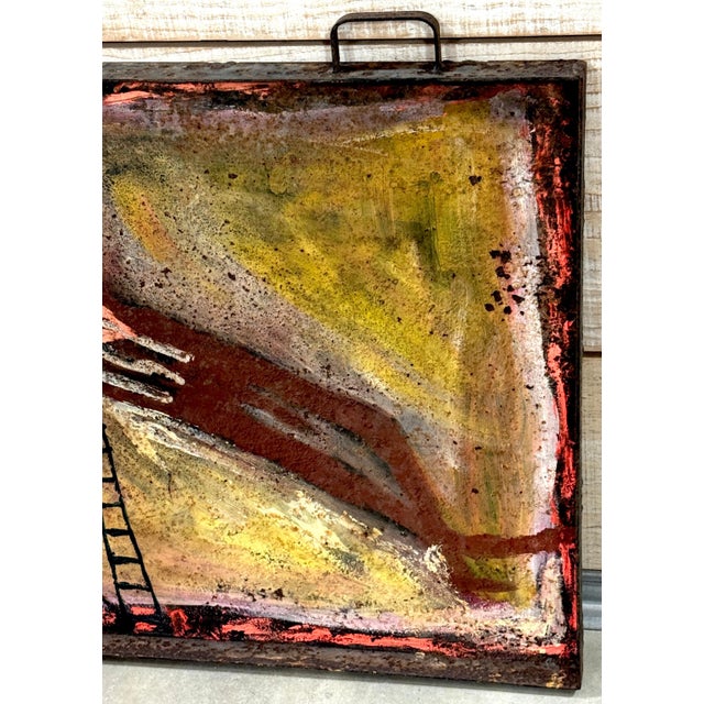 Brown Purvis Young “Burning Man” Monumental Outsider Painting on Found Steel Tray For Sale - Image 8 of 18