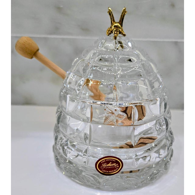 Vintage Gorham “Garden Serenade” crystal honey pot in a charming beehive form, made in the Czech Republic and retaining...