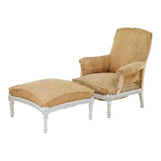 French Louis XVI Style Painted Bergère with Matching Ottoman, Circa 1870 For Sale