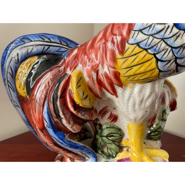 Ceramic Vintage French Hand Painted Ceramic Majolica Rooster Figurine 15" For Sale - Image 7 of 8