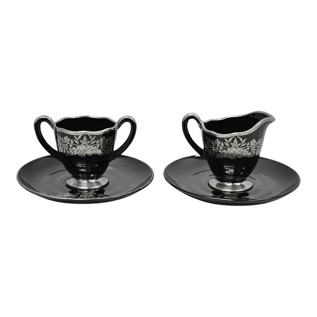 Vintage Rockwell Black Amethyst Glass Creamer Sugar Set Sterling Silver Overlay For Sale