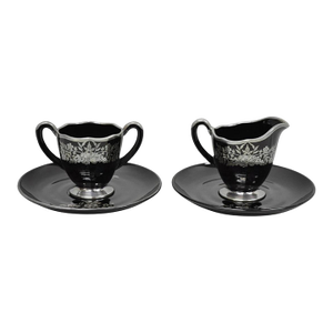 Vintage Rockwell Black Amethyst Glass Creamer Sugar Set Sterling Silver Overlay