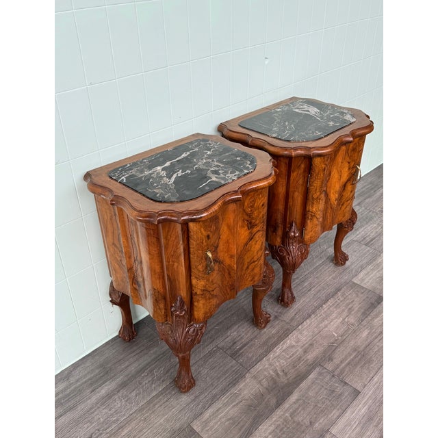 Baroque Vintage Walnut Bedside Tables with Marble Top, 1930s, Set of 2 For Sale - Image 3 of 18