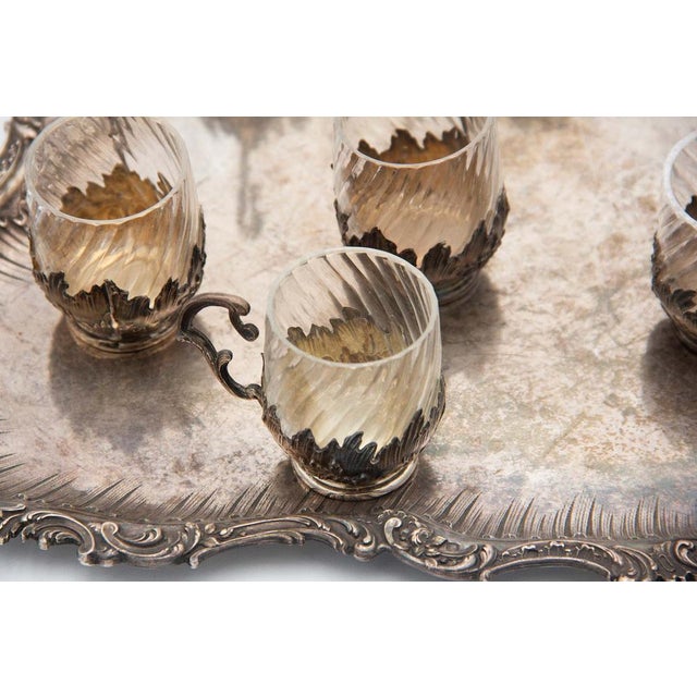 Silver and Glass Cups with Tray, Set of 8 For Sale - Image 3 of 6