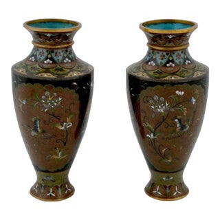 Antique Pair of Early Meiji Japanese Cloisonne Enamel Bird and Garden Vases Attributed to Honda For Sale
