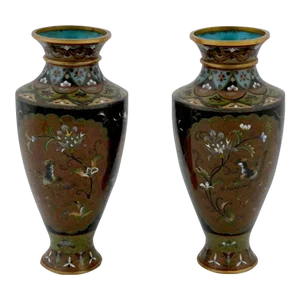 Antique Pair of Early Meiji Japanese Cloisonne Enamel Bird and Garden Vases Attributed to Honda
