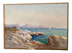 Two Boats on Mountain Lake, 1920s, Gouache, Framed