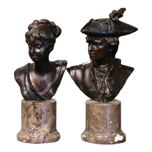 Pair of Mid-Century French Patinated Bronze Busts on Marble Bases Signed Moreau