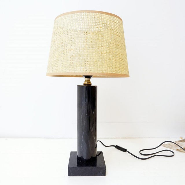 Table Lamp in Black Marble and Natural Raffia Lampshade For Sale - Image 12 of 12