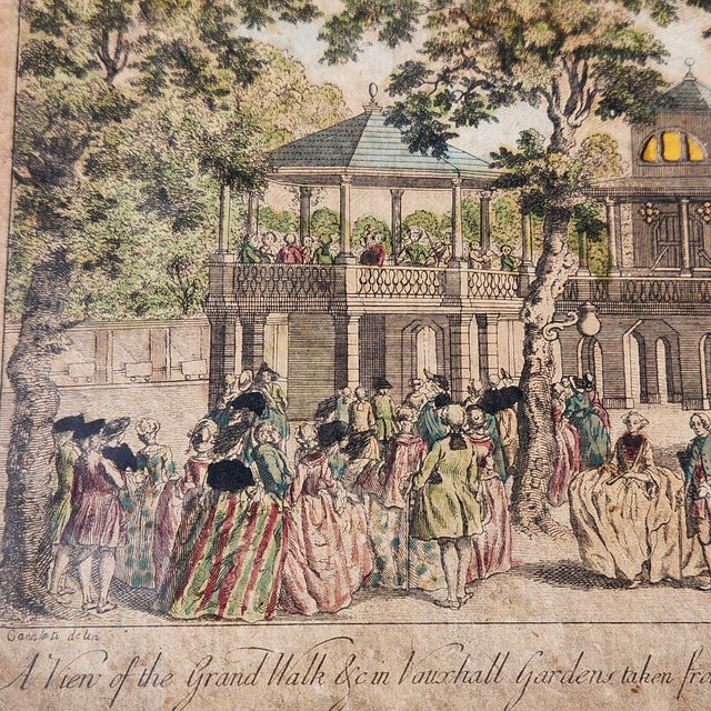 English Antique Vauxhall Gardens “Grand Walk” Hand-Colored Engraving, 18th Century London, Framed For Sale - Image 3 of 10