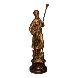 La Bucheronne - Antique French Spelter Statue of Stick Gatherer on Wood Pedestal For Sale