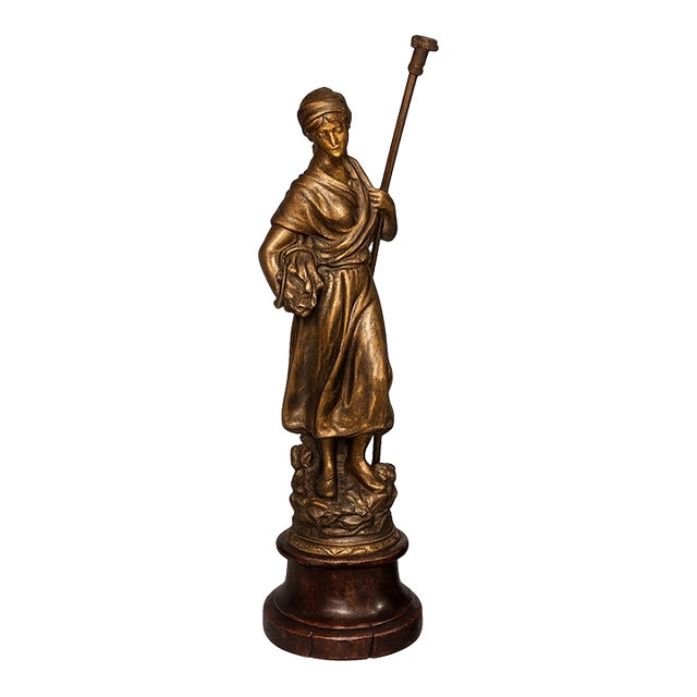 La Bucheronne - Antique French Spelter Statue of Stick Gatherer on Wood Pedestal For Sale