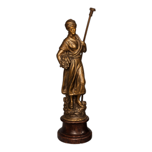 La Bucheronne - Antique French Spelter Statue of Stick Gatherer on Wood Pedestal