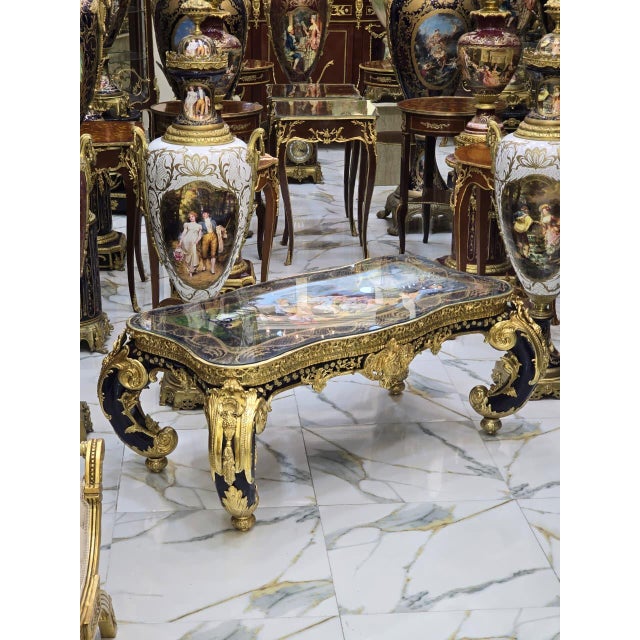 French Rococo Coffee Table With Hand-Painted Artwork Under Glass & Gilded Bronze Details For Sale - Image 4 of 11