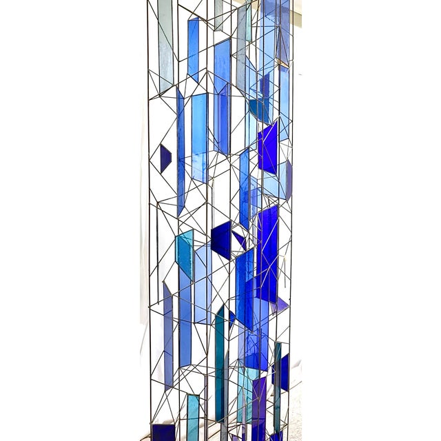 Glass Mid 20th Century Sculptural Stained Glass Tri-Partite Screen, Room Divider, Blue, J. Ferguson Usa- Set of 3 For Sale - Image 7 of 9