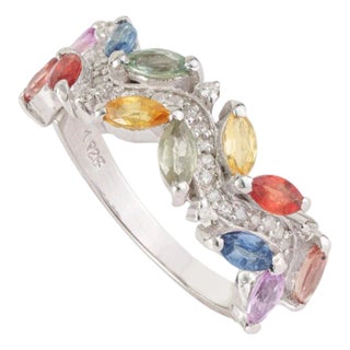 Nature Inspired Multi-Sapphire Leaf & Diamond Cluster Ring in Sterling Silver, Us Size 7 For Sale