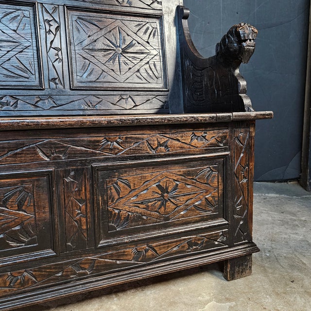 Mid 19th Century Oak Carved Panel Back and Front Settle With Griffin Head Arms For Sale - Image 4 of 12