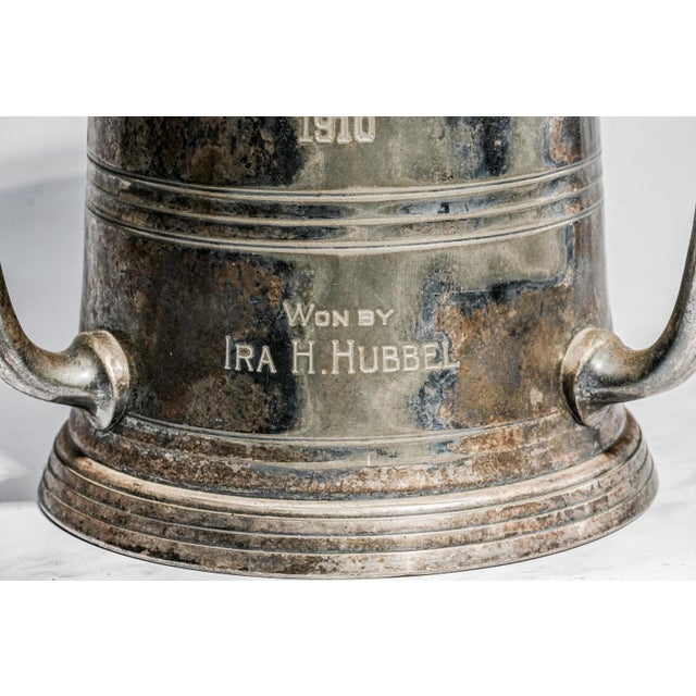 English Sculptural Antique Silverplate Triple Handle Trophy Cup Sporting Award Golf Club Home Man Cave Decor For Sale - Image 3 of 9