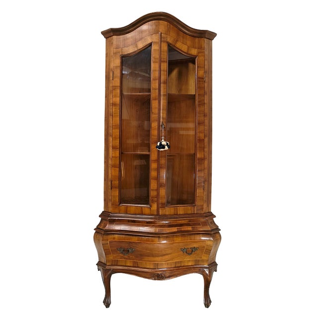 20th Century Italian Walnut Burl Corner Cabinet with Inlaid Wood and Glass Doors, 1890s For Sale - Image 9 of 9