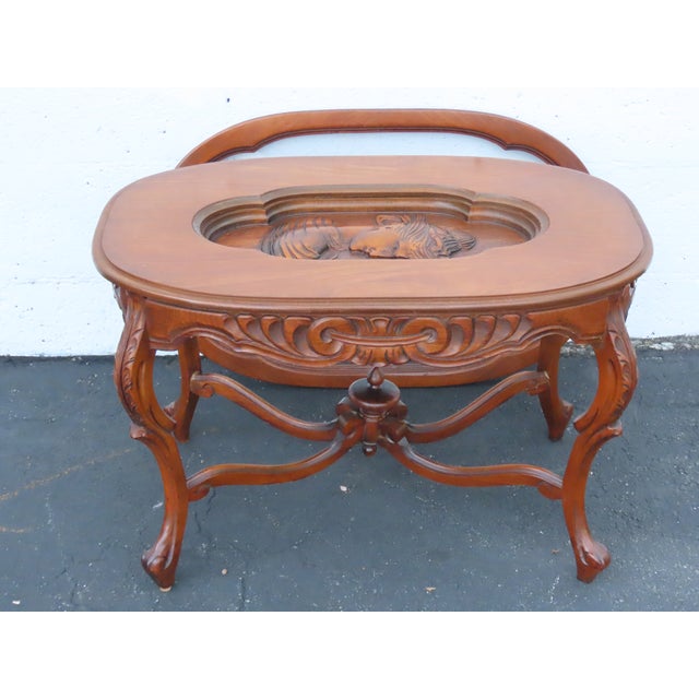 Heavy Hand Carved Cameo Coffee Table With Glass Top Serving Tray 6644 For Sale - Image 12 of 17