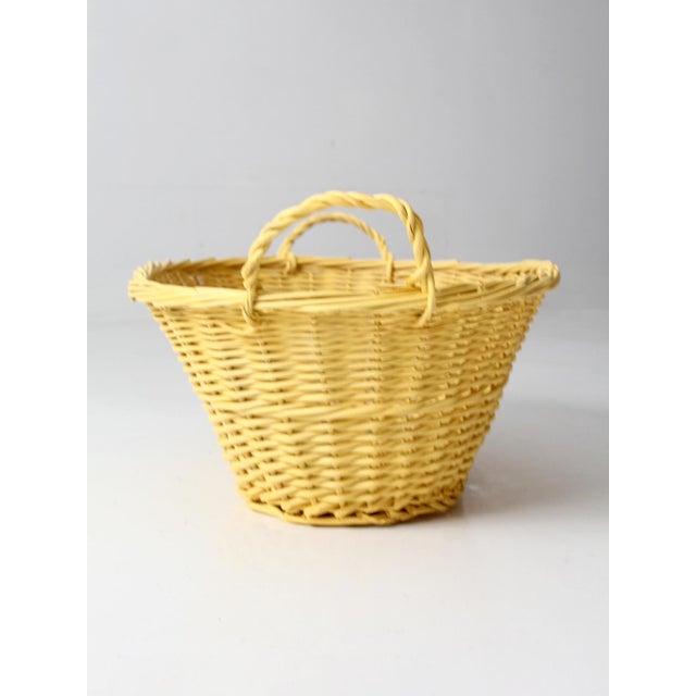 Wood Vintage Painted Yellow Wicker Laundry Basket For Sale - Image 7 of 13