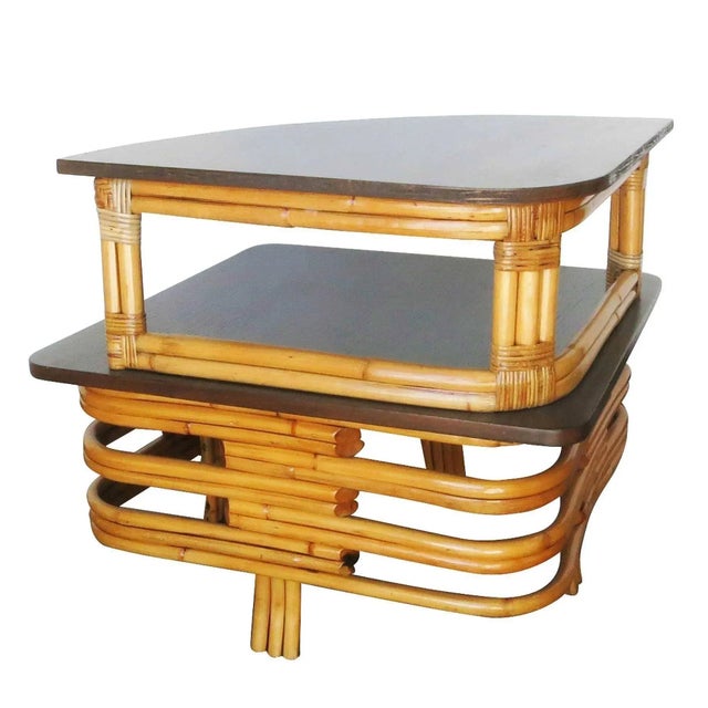 1950s Restored Stacked Rattan & Mahogany Corner Side Side Table For Sale - Image 4 of 7