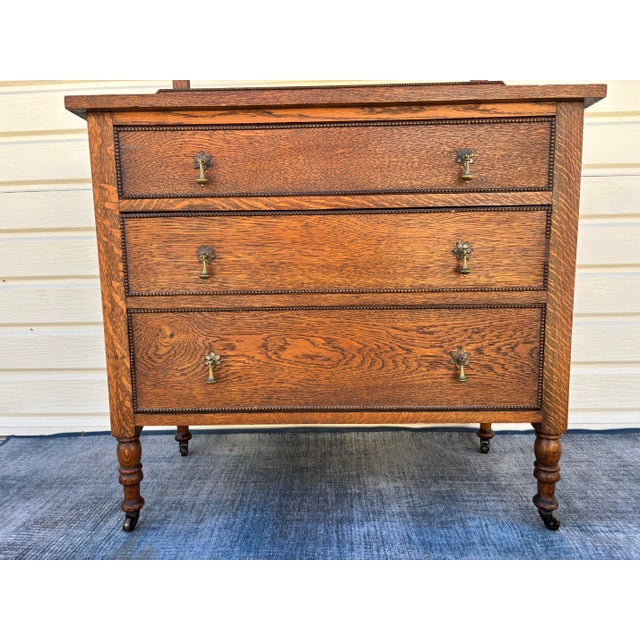 Antique Oak Barley Twist Vanity / 3-Drawer Dresser on Casters With Beveled Swivel Mirror For Sale - Image 4 of 9